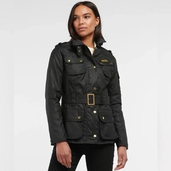 Barbour Rainbow International Gold Waterproof Black Belted Military Jacket US 6 - Picture 1 of 4